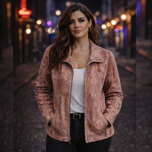 Dialogue Snakeskin Print Jacket Womens 3X Pink Brown Faux Leather Zip Front